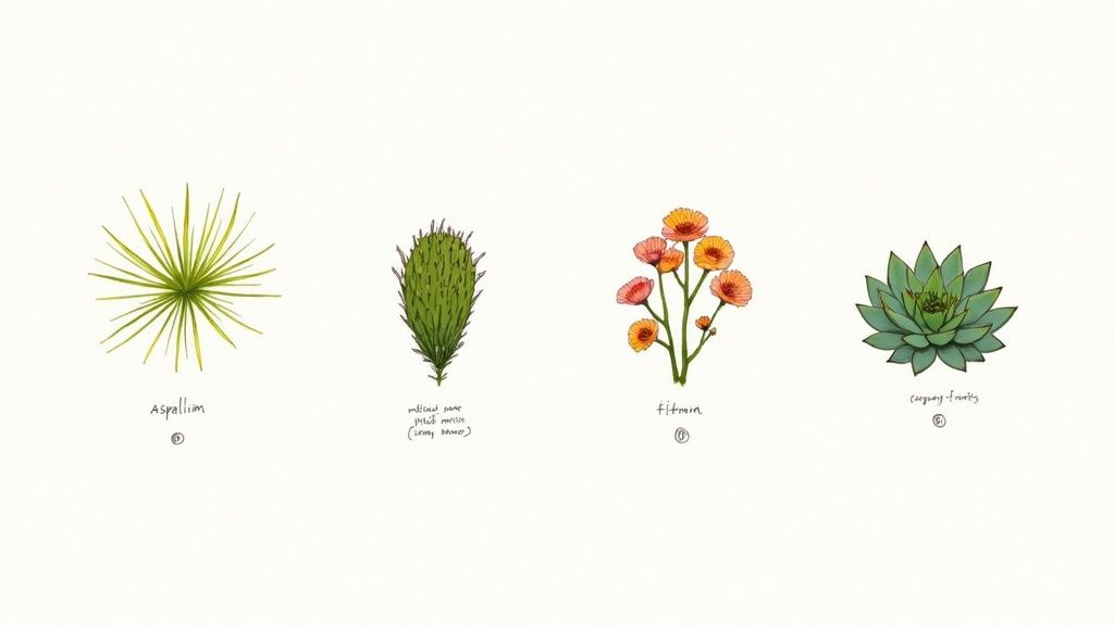 Four botanical illustrations showing aspidistra, pincushion protea, titonia flowers, and company flowers succulent plant