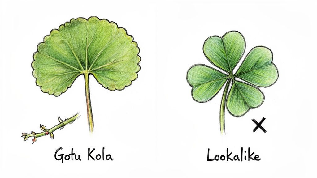 Illustration comparing a Gotu Kola leaf and stem with a four-leaf clover lookalike.