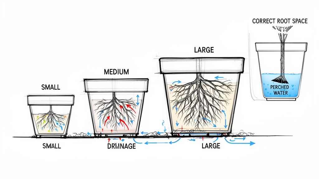 Diagram illustrating plant root growth, water drainage, and perched water in various pot sizes.
