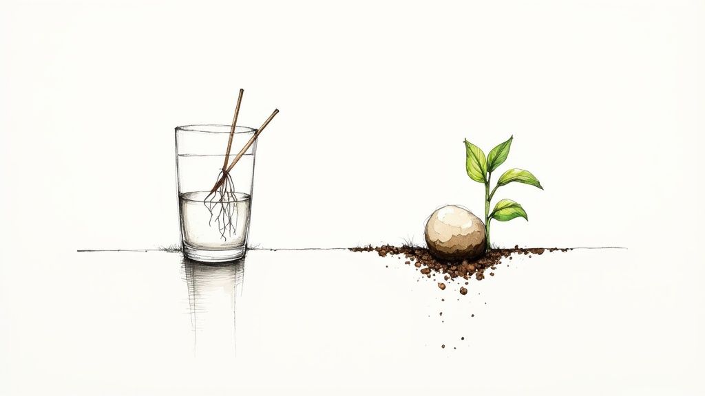 Two stages of growing an avocado seed: roots in water held by toothpicks and a sprout in soil.