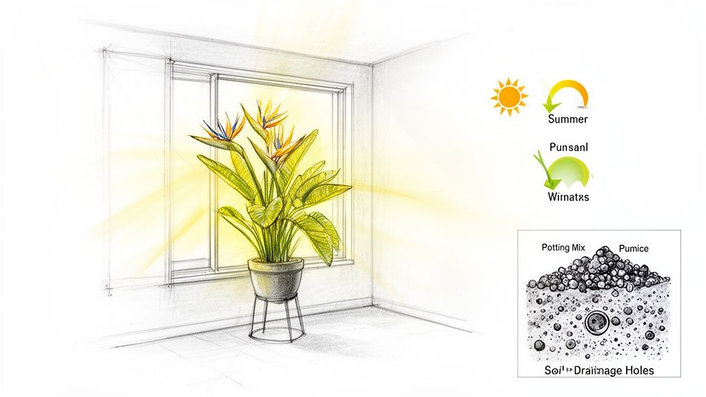 Bird of Paradise plant by a bright window, accompanied by light and potting instructions.