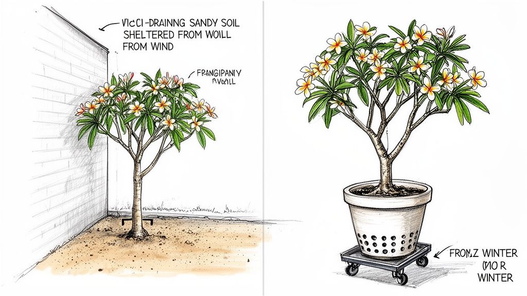 Two illustrations demonstrating frangipani plant care, showing options for planting in ground or a movable pot.