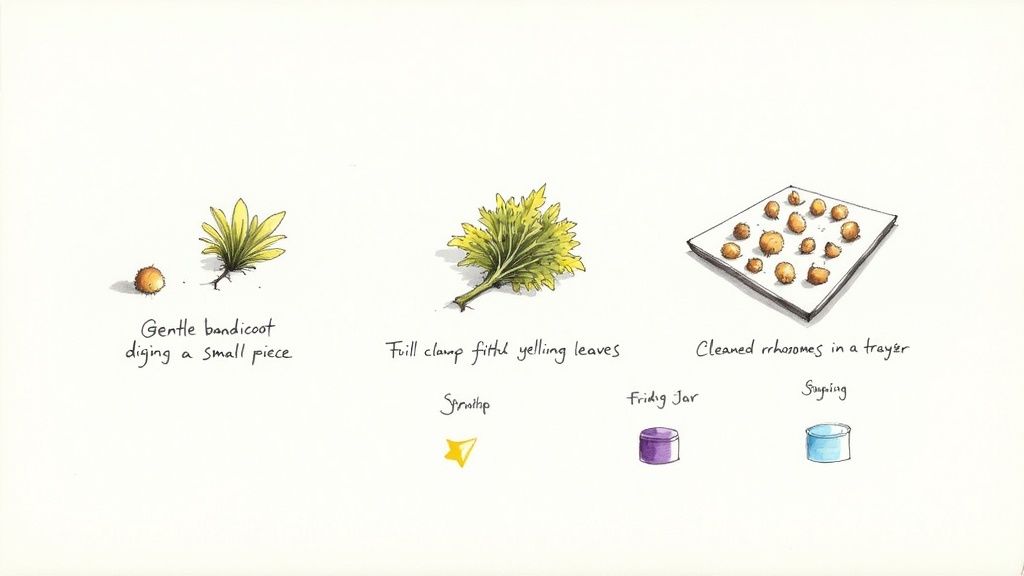 Watercolor illustrations showing a galangal plant, its frilly leaves, and cleaned rhizomes in a tray.