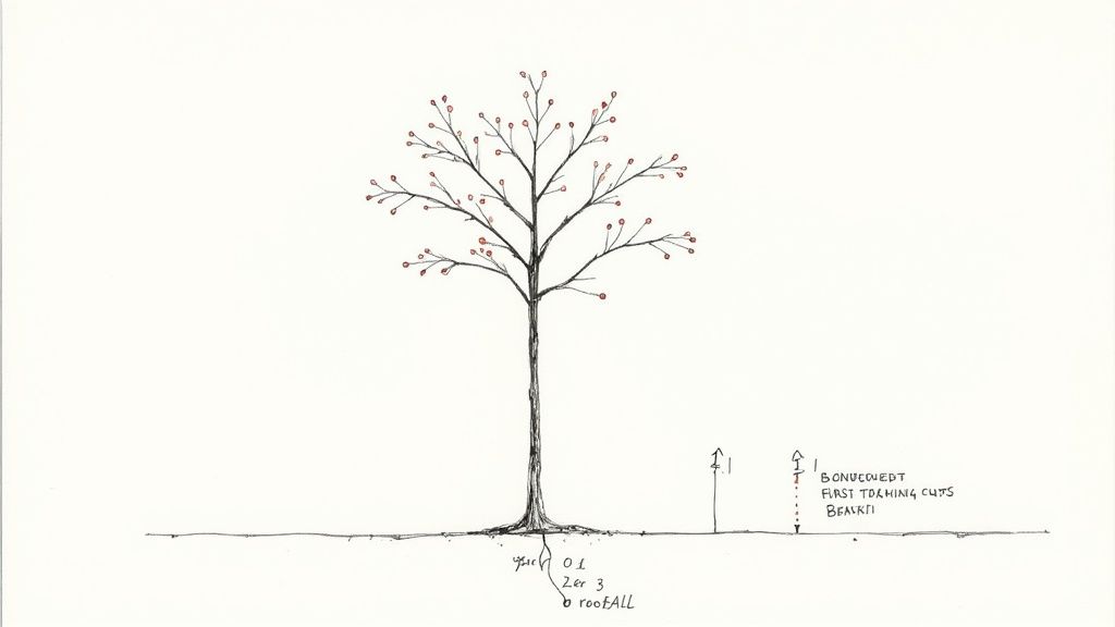Hand-drawn sketch of a bare tree with red buds and visible roots, illustrating initial pruning cuts.