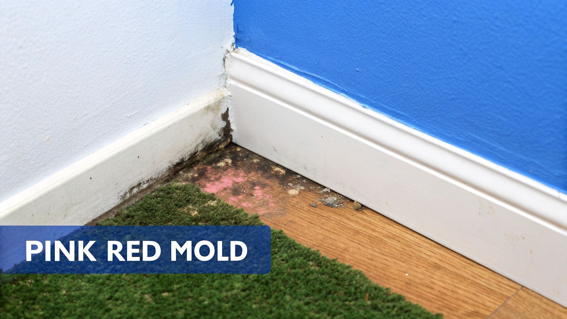 Close-up of pink and dark mold growth on a wall, baseboard, and wooden floor in a house.