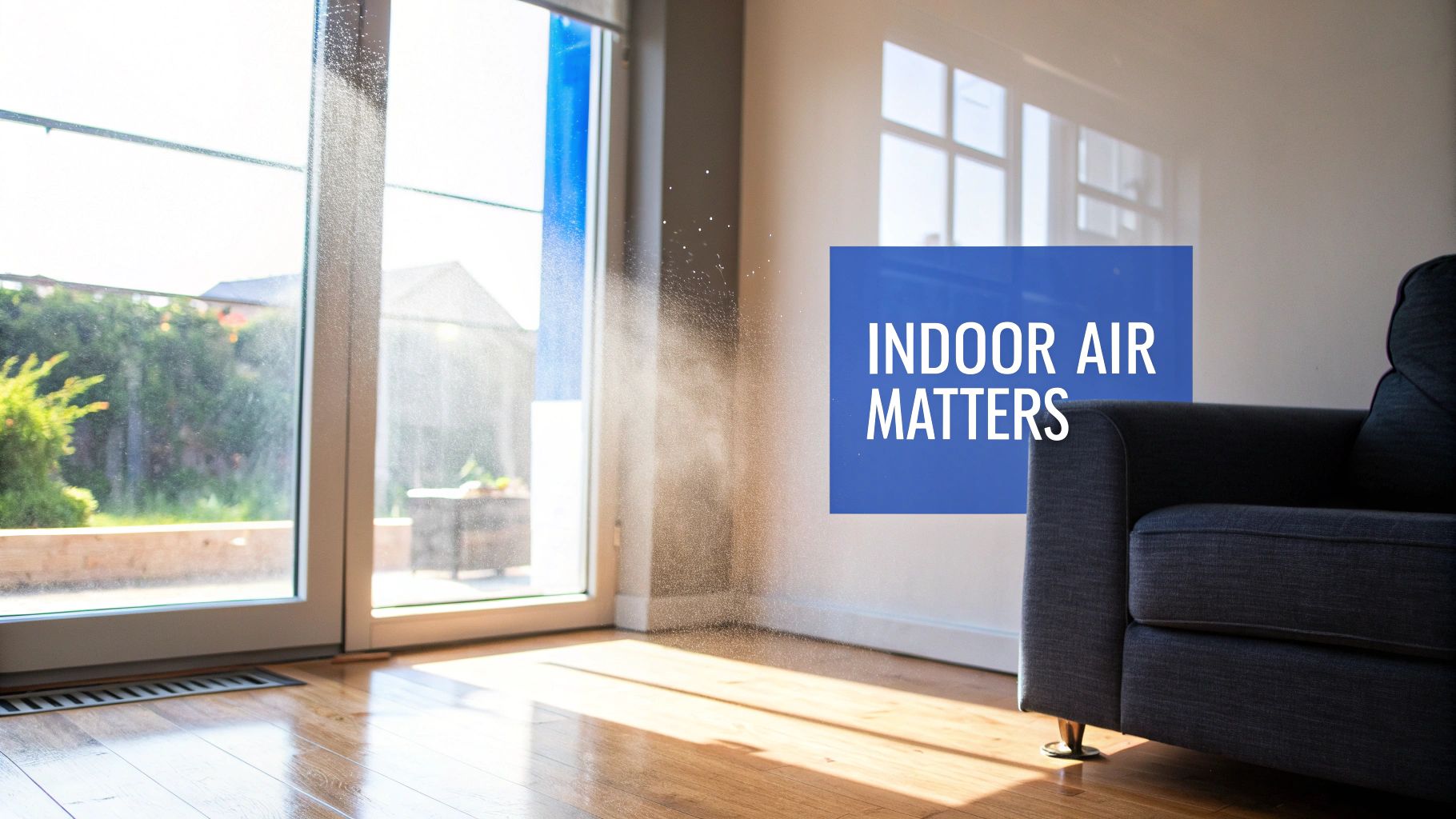 A modern living room with large windows, green plants, and an air purifier, demonstrating a clean and healthy indoor environment.