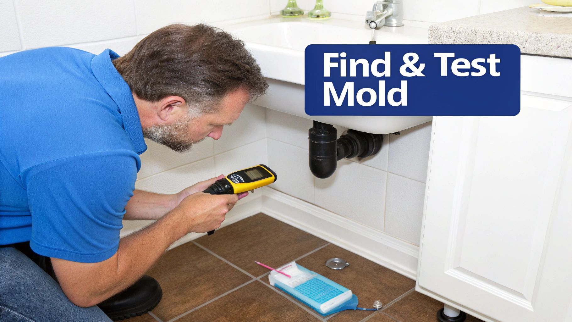 A man kneels, using a moisture meter to inspect for mold under a bathroom sink.