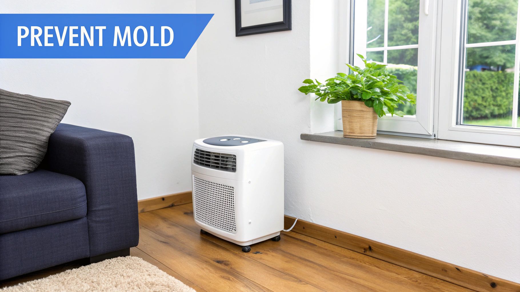 A white dehumidifier on a wooden floor in a clean room, helping prevent mold.