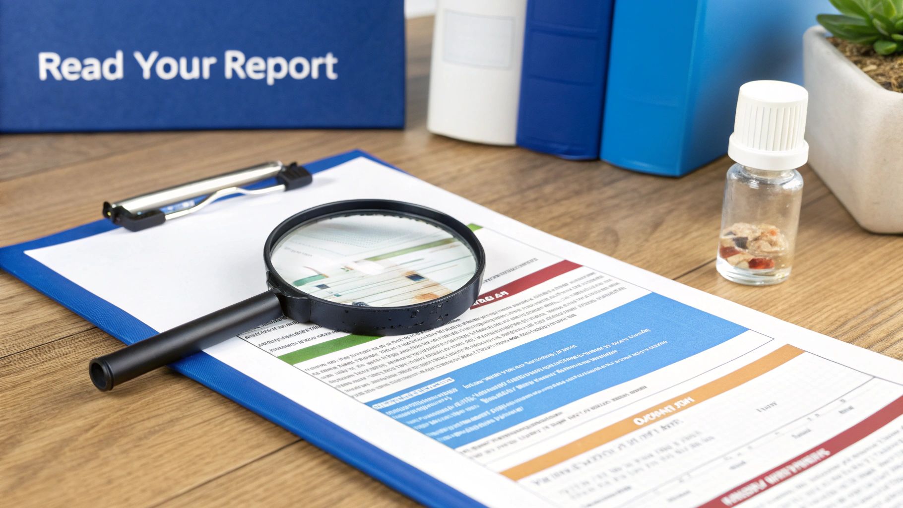 Magnifying glass on a detailed report on a clipboard, with a sample vial and folders.