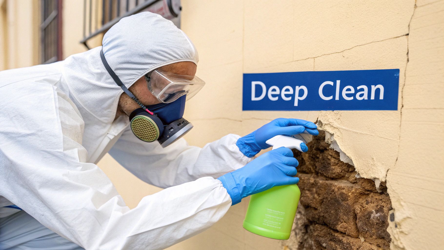 Worker in protective suit, respirator, and gloves sprays a damaged wall with a "Deep Clean" sign.
