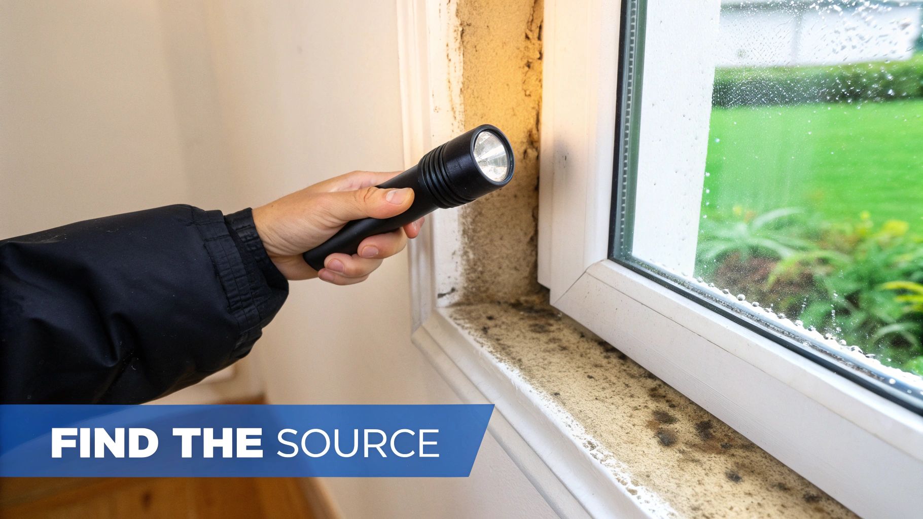 Person inspects moldy window frame and sill with a flashlight for moisture source.