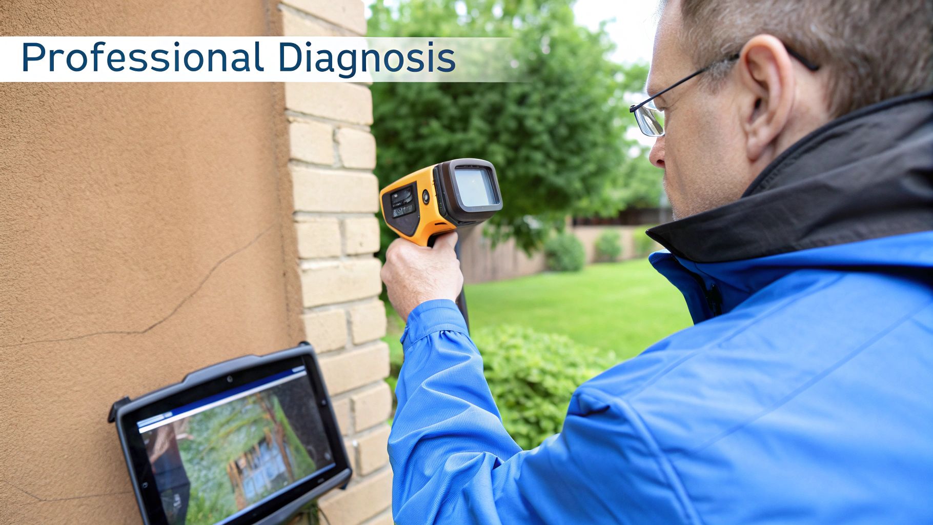 A professional in a blue jacket uses an inspection camera on a cracked wall, with a tablet showing results.