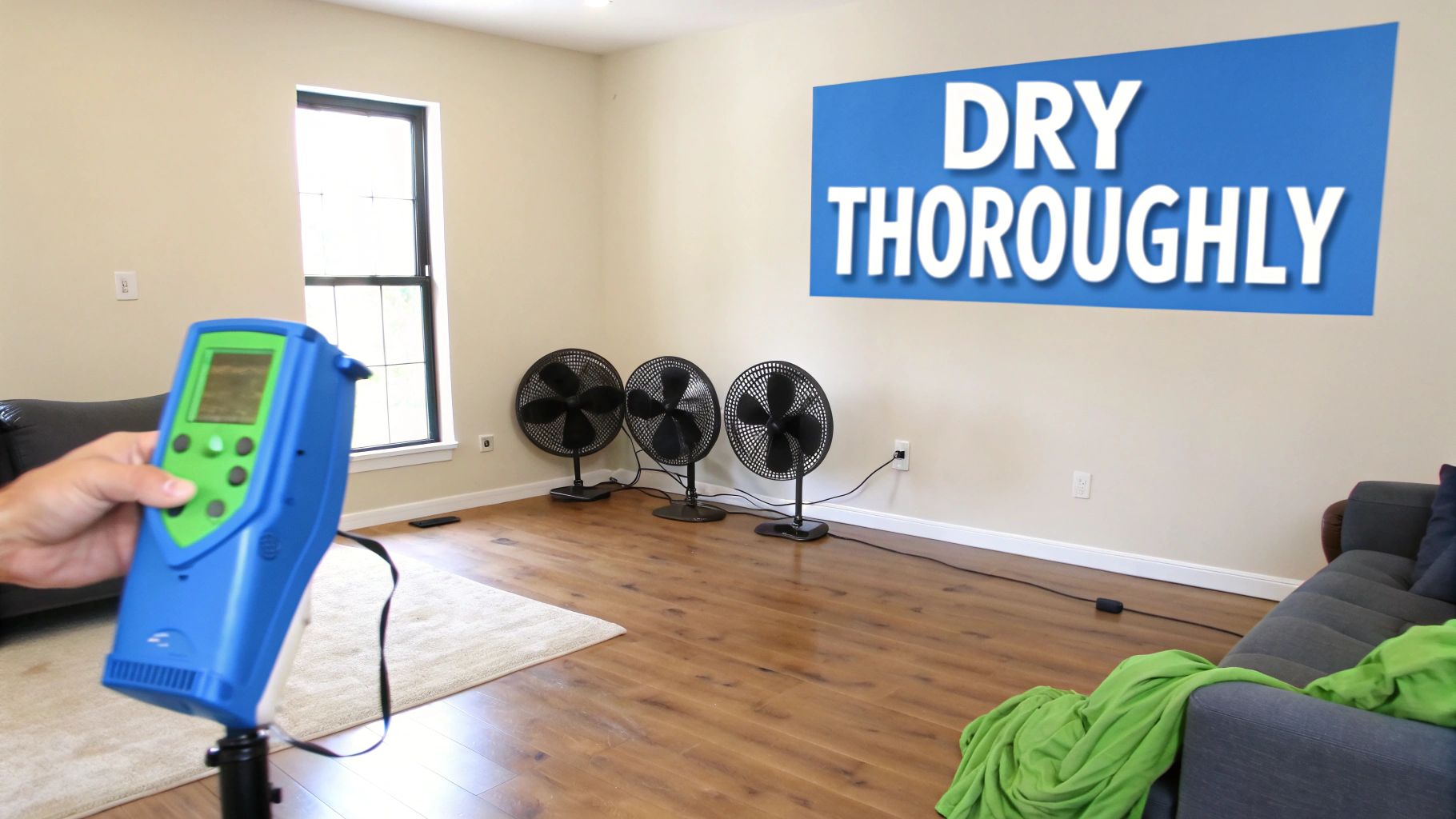 Industrial fans strategically placed in a room to dry out moisture after water damage.