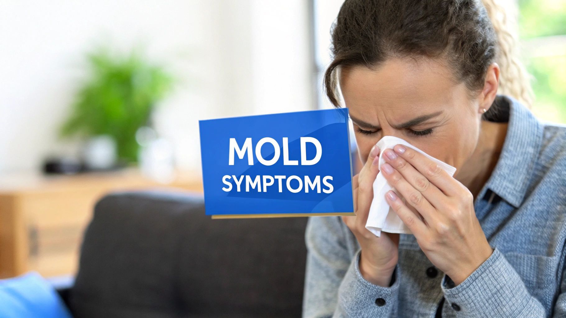 A woman blowing her nose into a tissue with a blue sign displaying "MOLD SYMPTOMS" in the foreground.