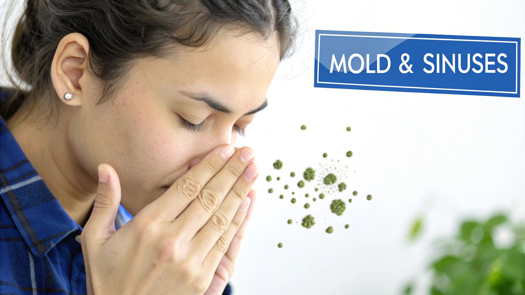 A person suffering from allergies covers their nose as mold spores float around, with a sign about 'MOLD & SINUSES'.