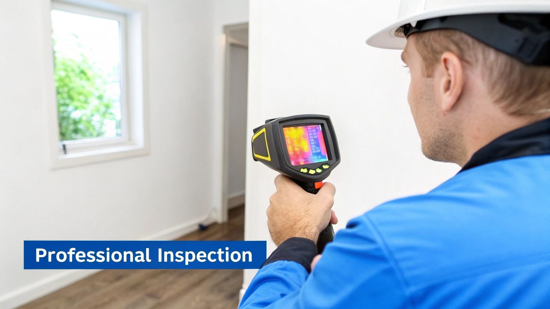 A professional inspector uses a thermal imaging camera to check a white wall for heat anomalies in a room.
