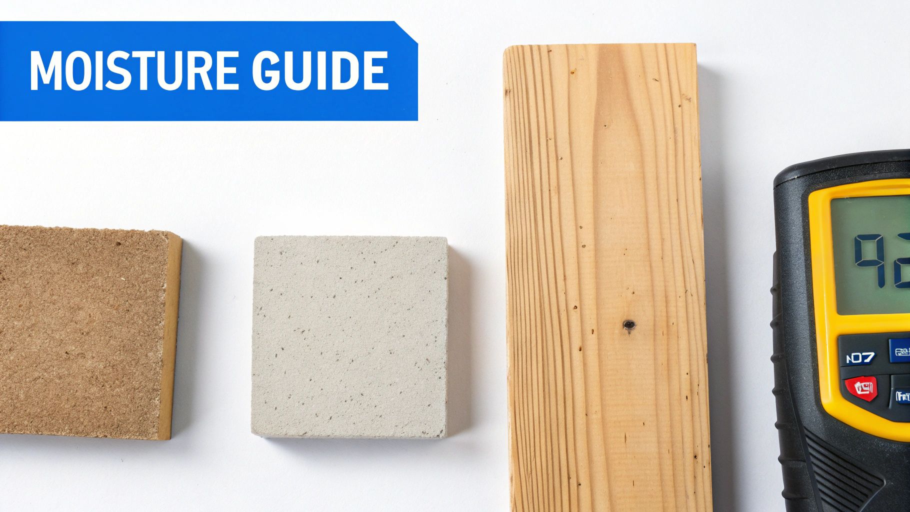 A moisture meter showing a reading next to wood, fiberboard, and concrete samples, titled 'MOISTURE GUIDE'.