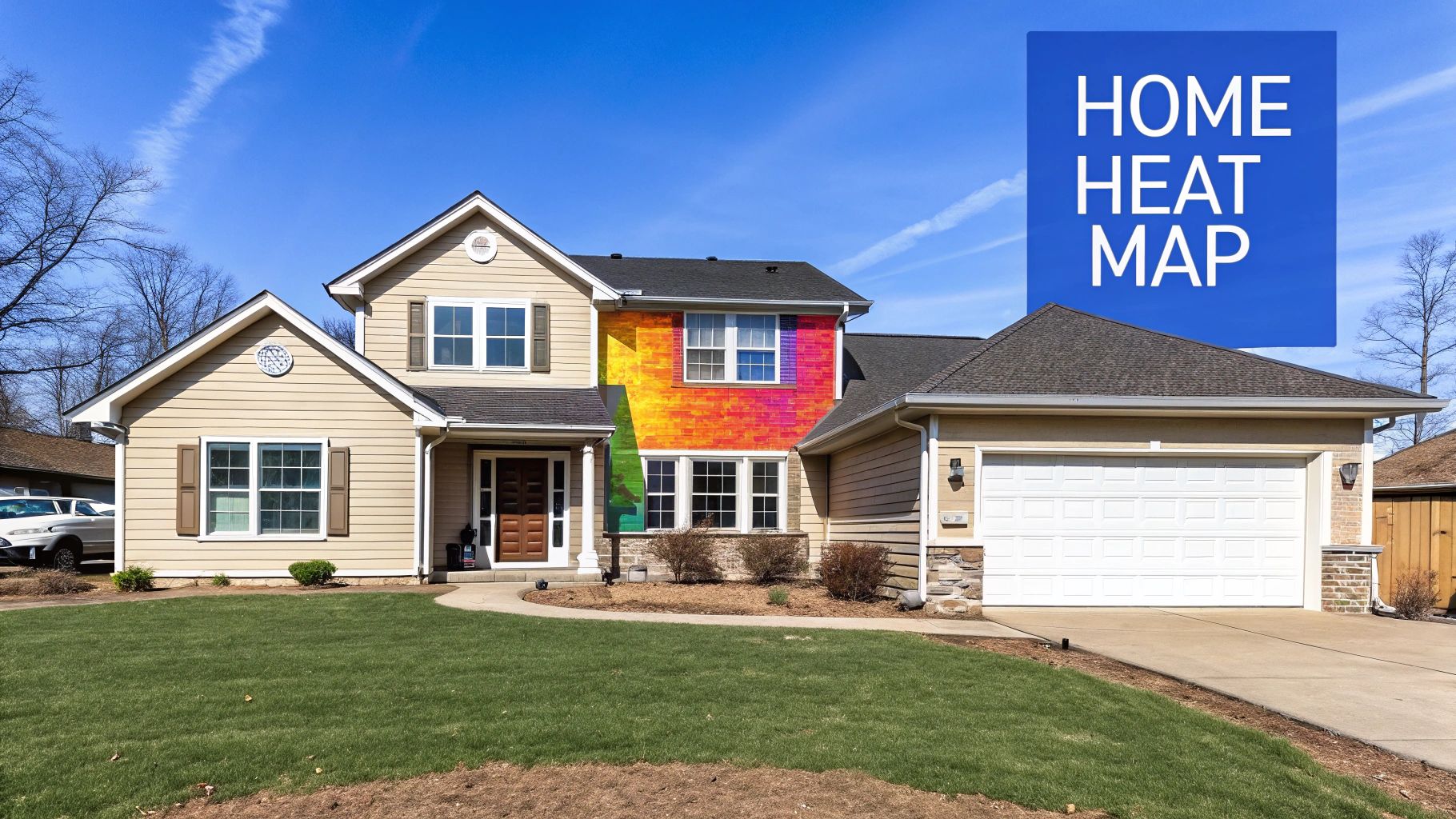 A house with a vibrant heat map overlay on its central exterior, indicating thermal imaging analysis.