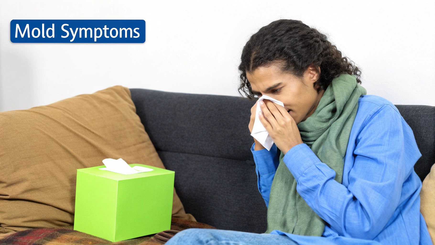 A person with a runny nose blows into a tissue, indicating mold allergy symptoms, next to a tissue box.