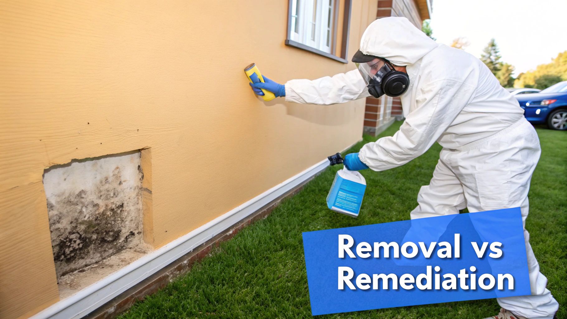 A mold remediation professional wearing full protective gear inspects a moldy wall with a flashlight.
