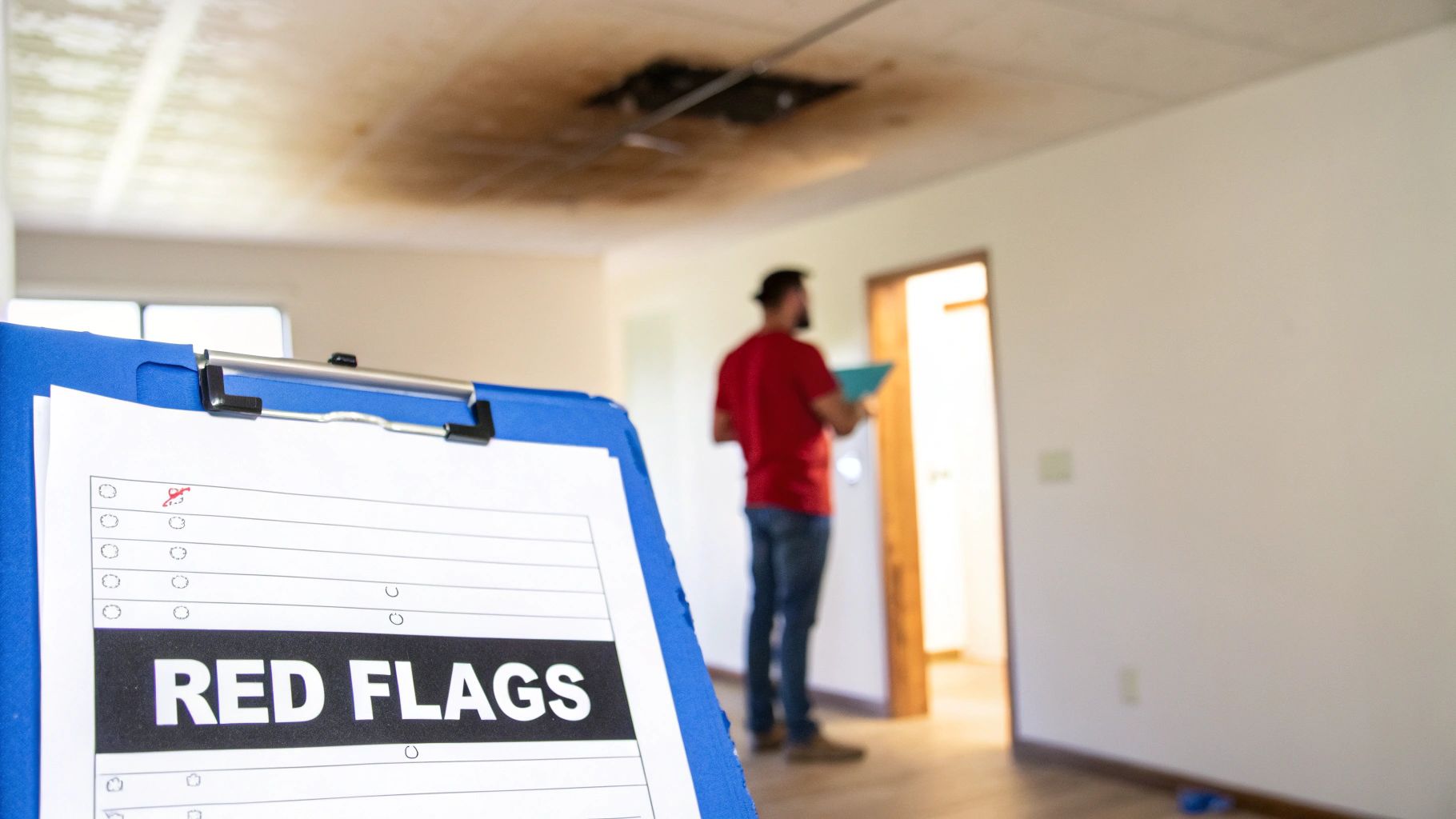 A clipboard with 'RED FLAGS' highlights issues during a home inspection with visible ceiling damage.