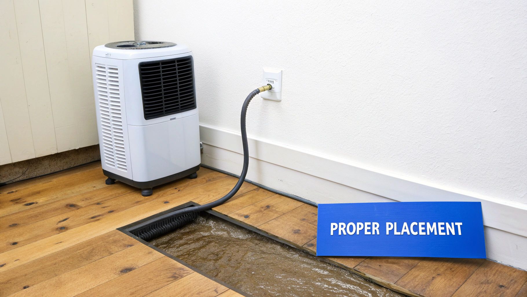 A white dehumidifier properly drains water into a floor drain via a hose, with a "PROPER PLACEMENT" sign.