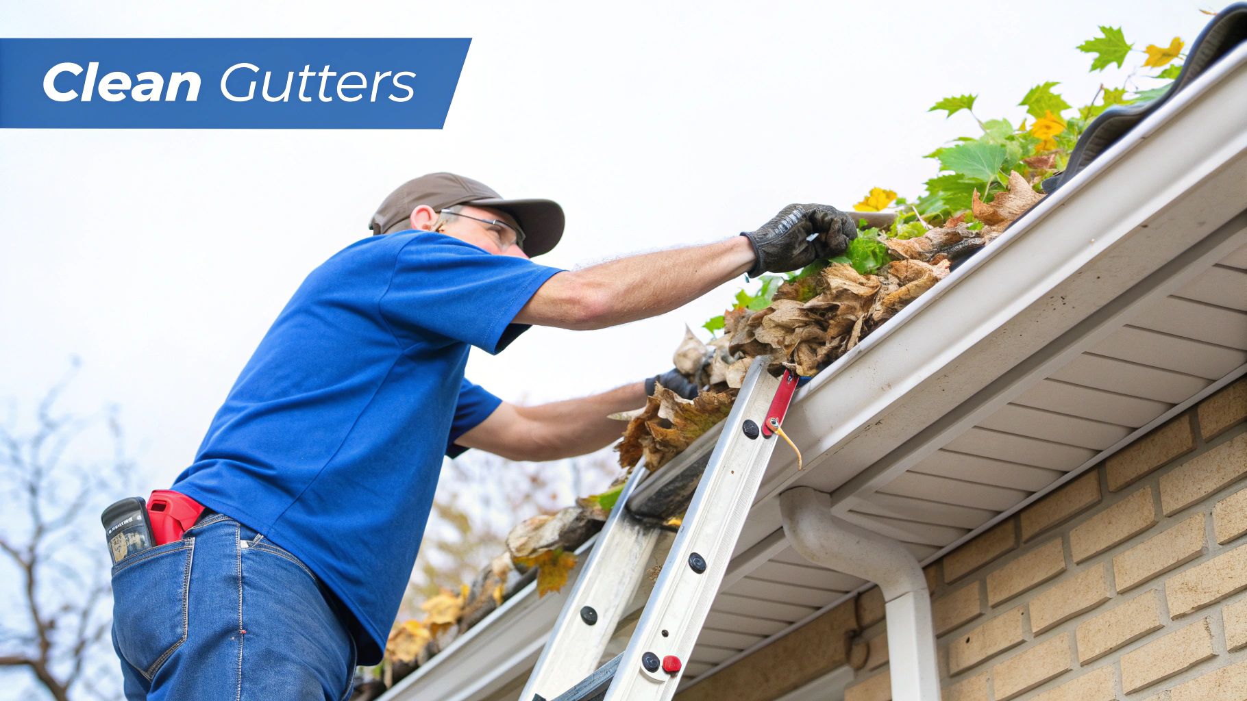 A person on a ladder cleaning a house gutter filled with autumn leaves and debris.