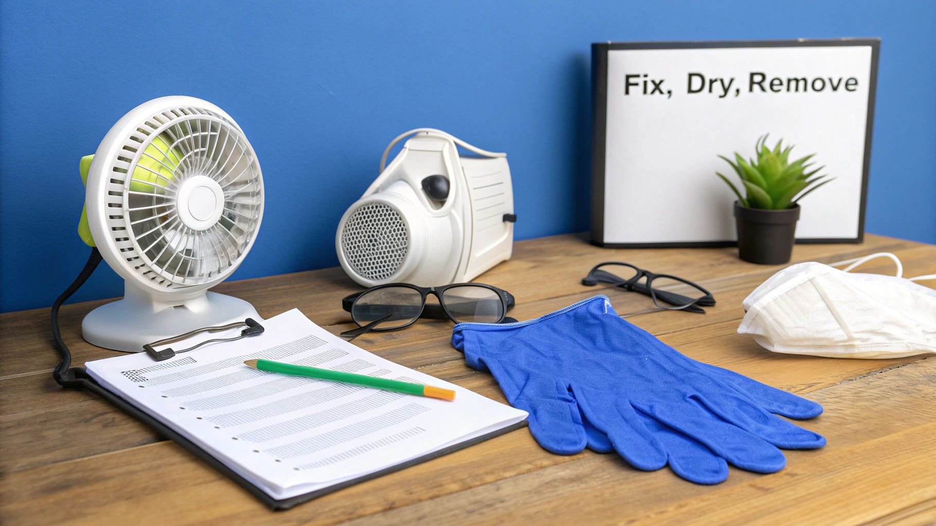 Safety equipment and tools for mold removal, including a fan, respirator, gloves, and glasses.