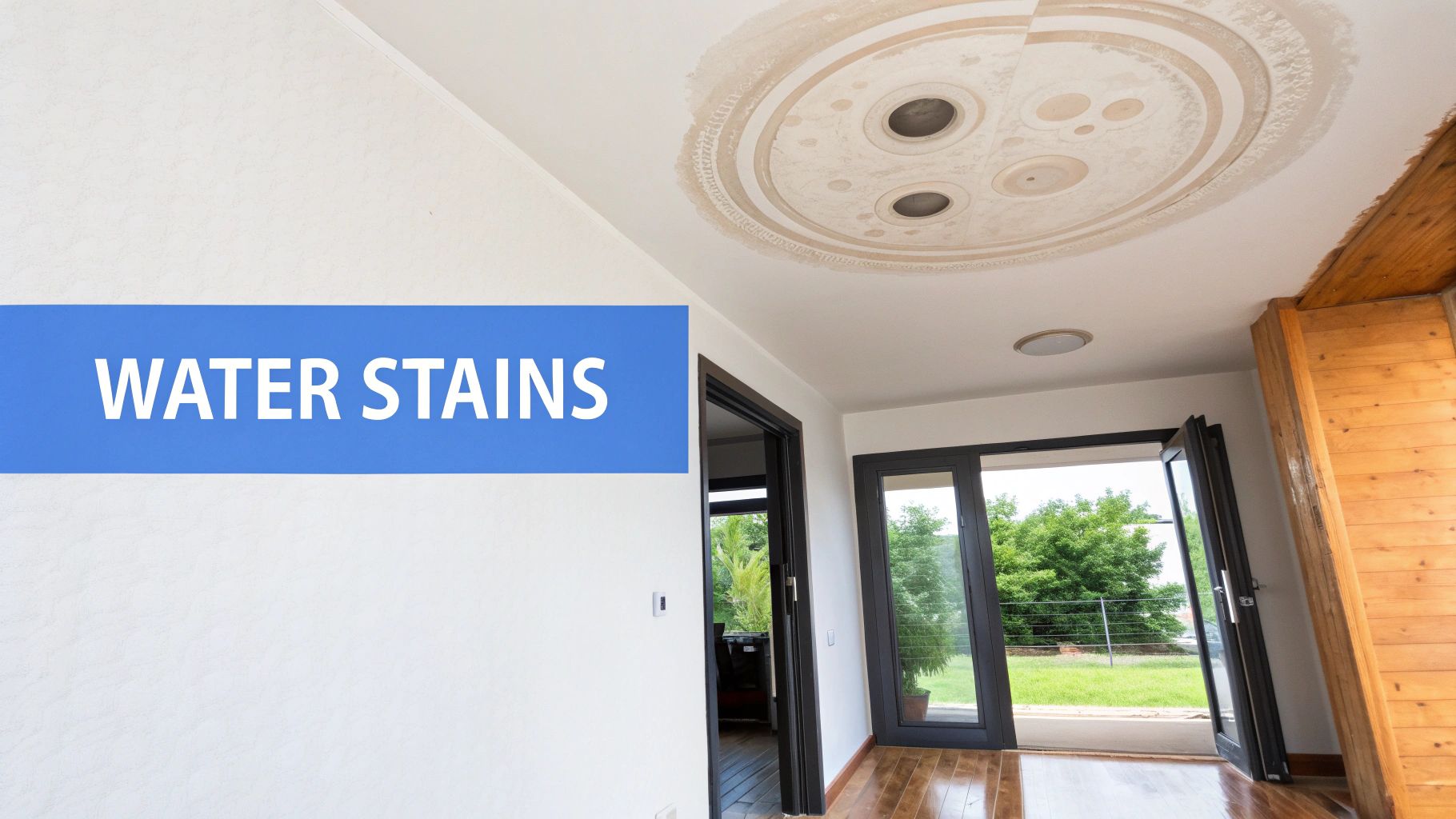 Ceiling with prominent water stains above a decorative light fixture in a modern home, indicating a leak.
