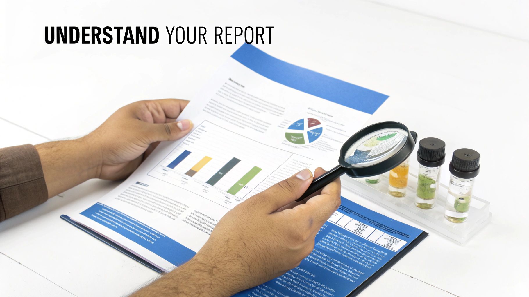 A person analyzing a report with a magnifying glass, charts, graphs, and test tubes.