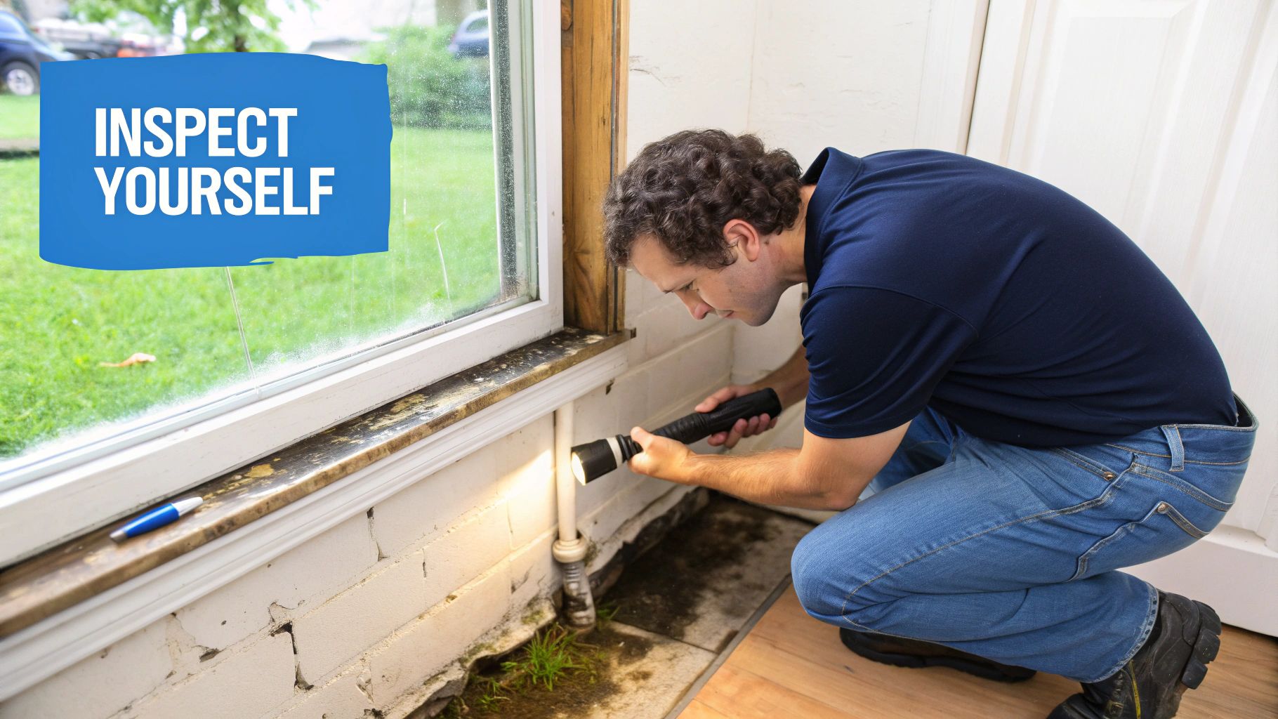 A person using a flashlight to inspect for mold under a kitchen sink.