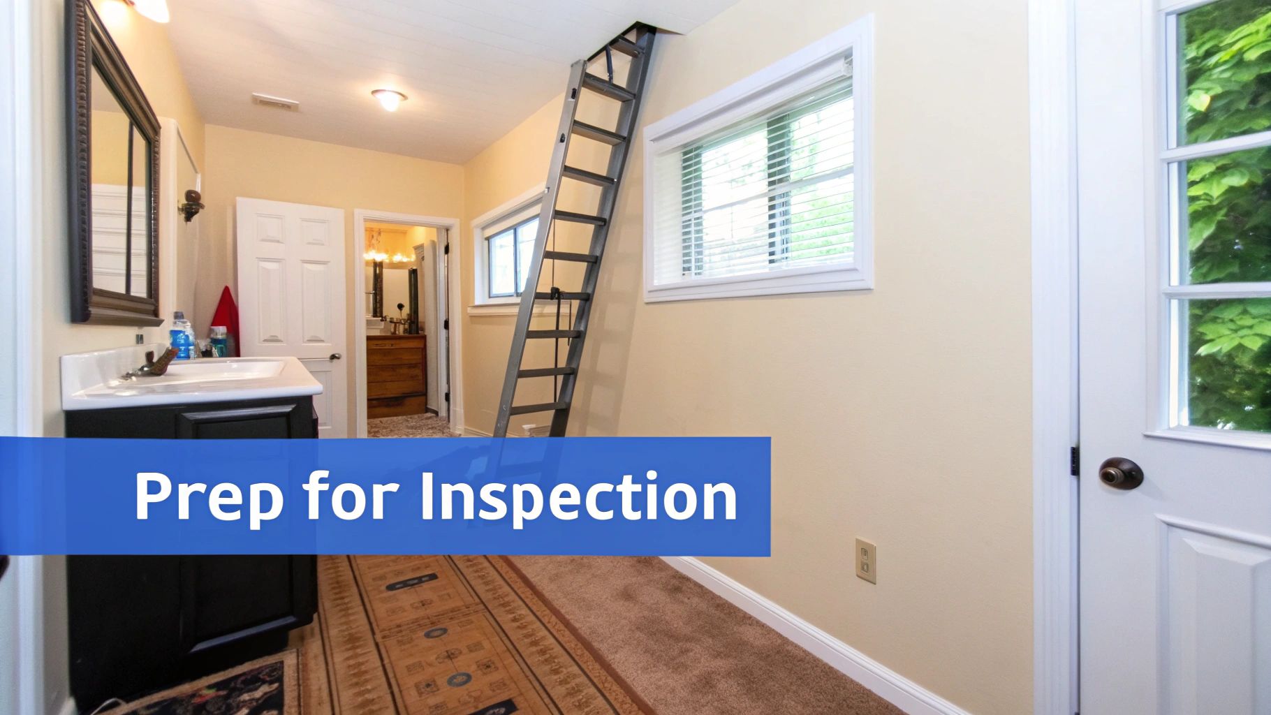 A room with a sink, mirror, doors, windows, and a retractable ladder to an attic.