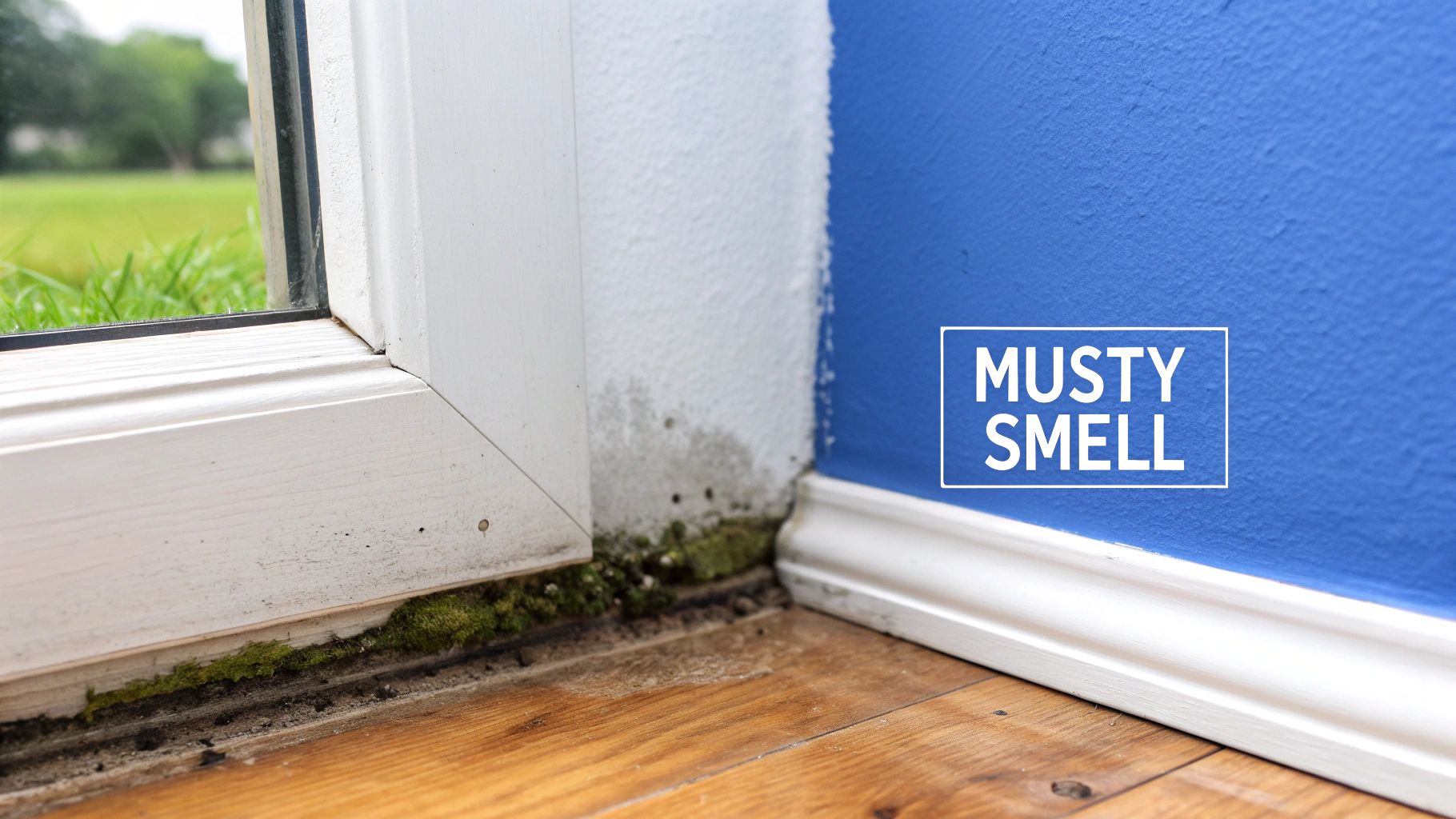 A dark, damp basement corner showing signs of water damage and potential mold growth on the concrete walls.