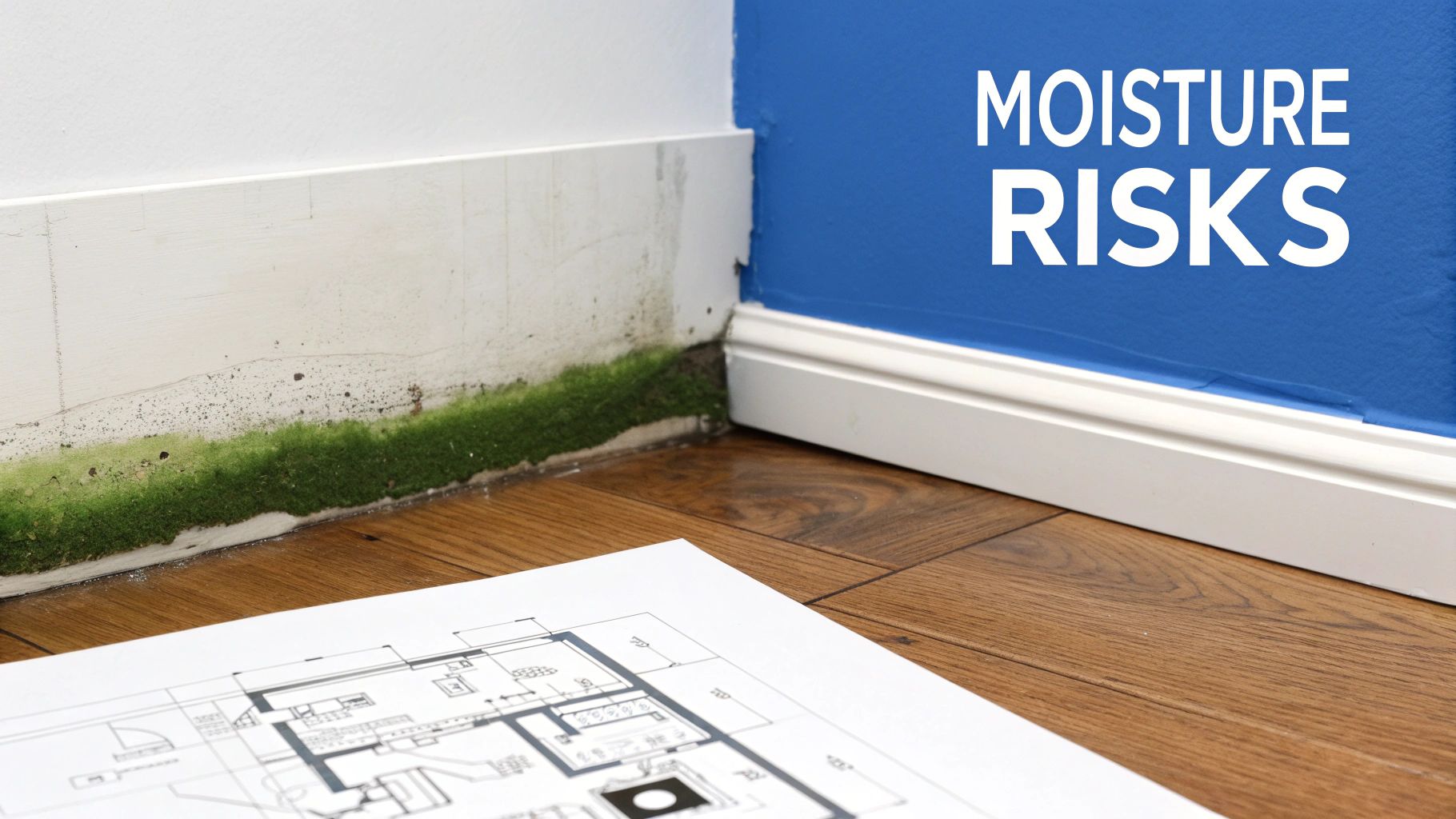A homeowner inspecting a large water stain and mold growth on a ceiling, indicating a serious roof leak.