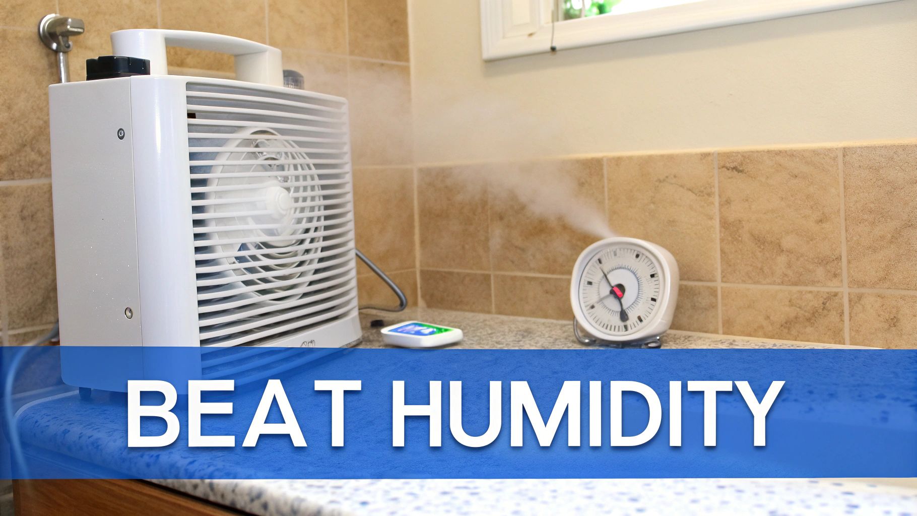 A white fan and a humidifier emitting mist on a counter, with text 'BEAT HUMIDITY'.