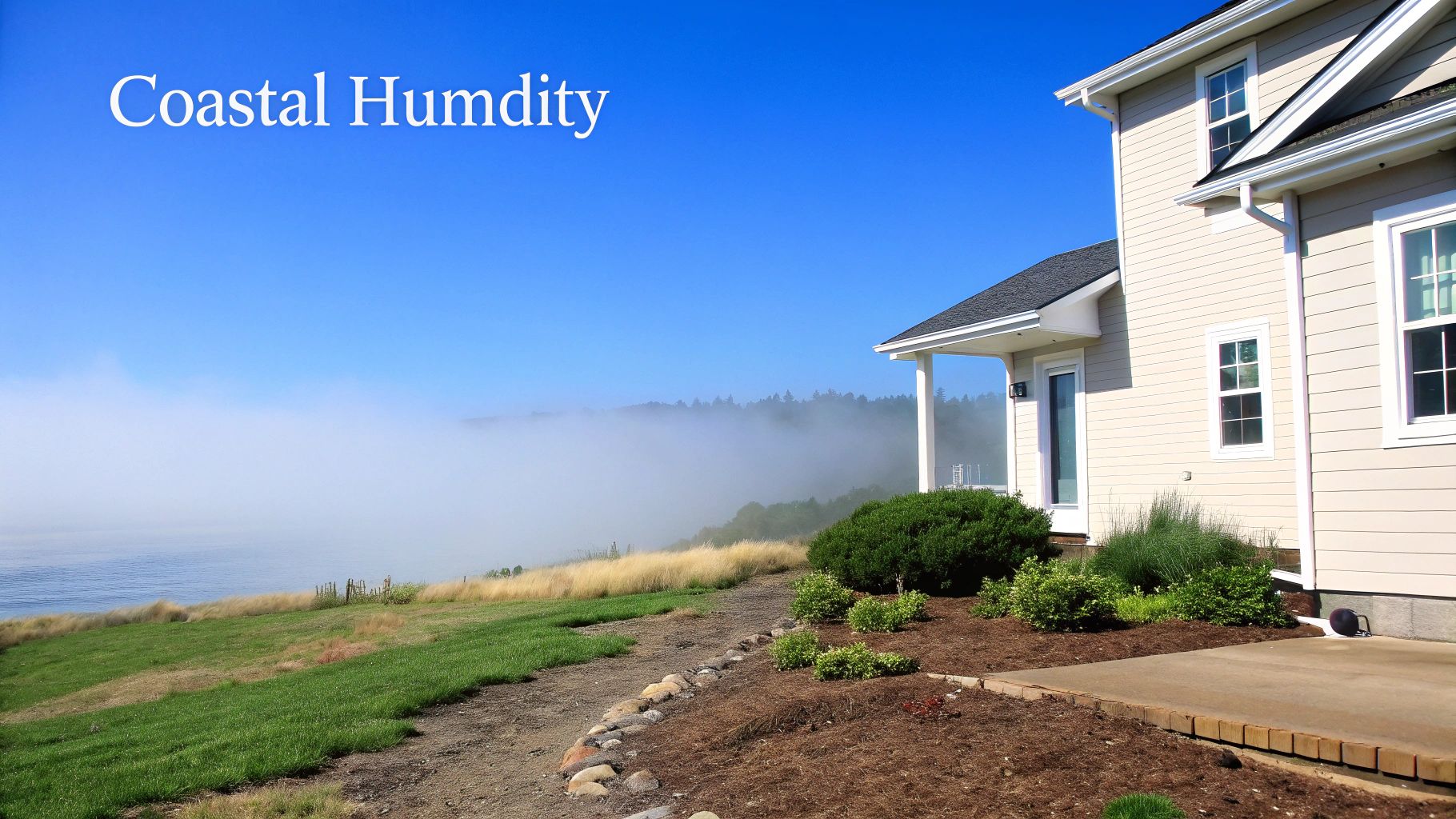 A light-colored house on a hillside overlooks a foggy coastal landscape with a clear blue sky.