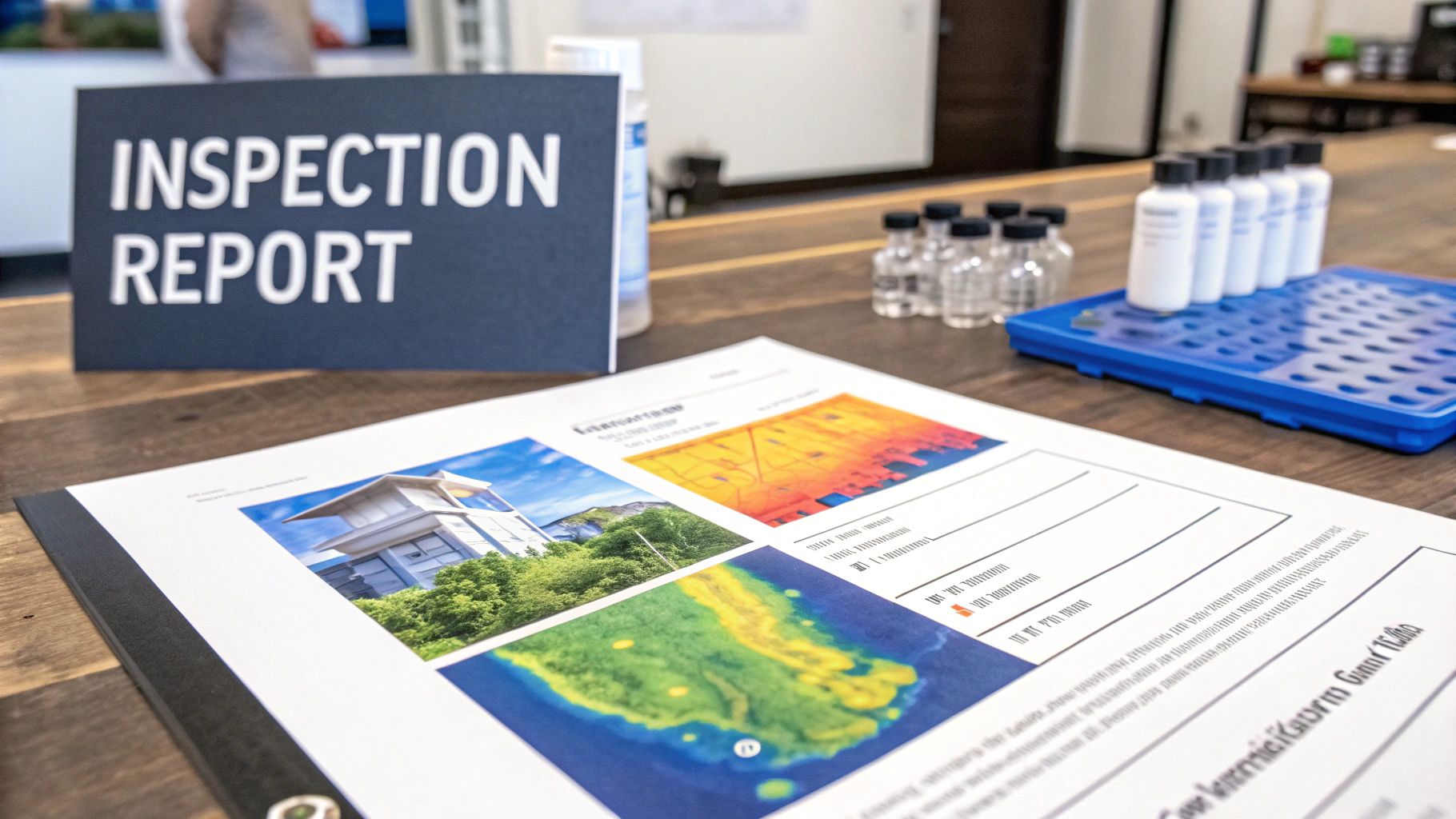 A document labeled 'INSPECTION REPORT' on a desk, with sample bottles and data prints.