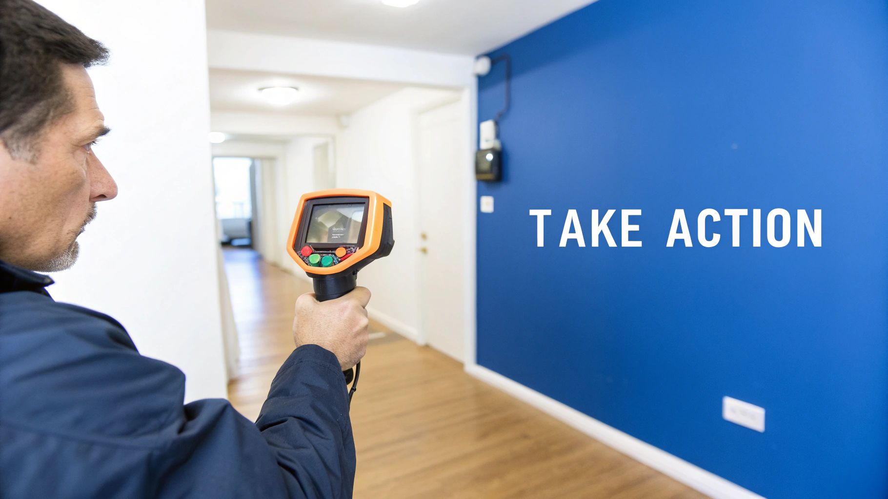A professional uses a thermal imager to check for issues on a blue wall with 'TAKE ACTION' text.