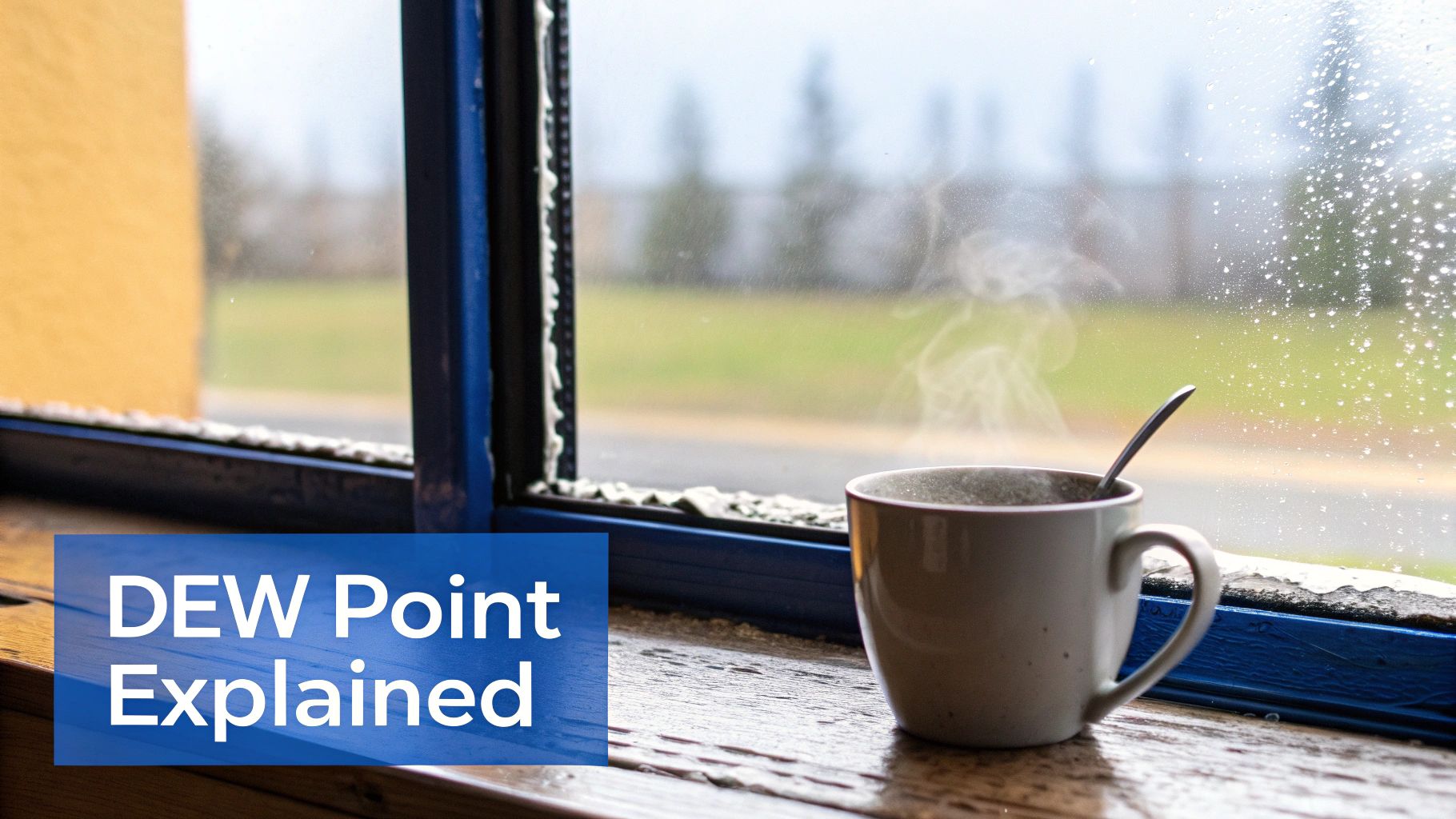 Steaming mug with a spoon on a wooden windowsill, with rain or condensation on the window pane.