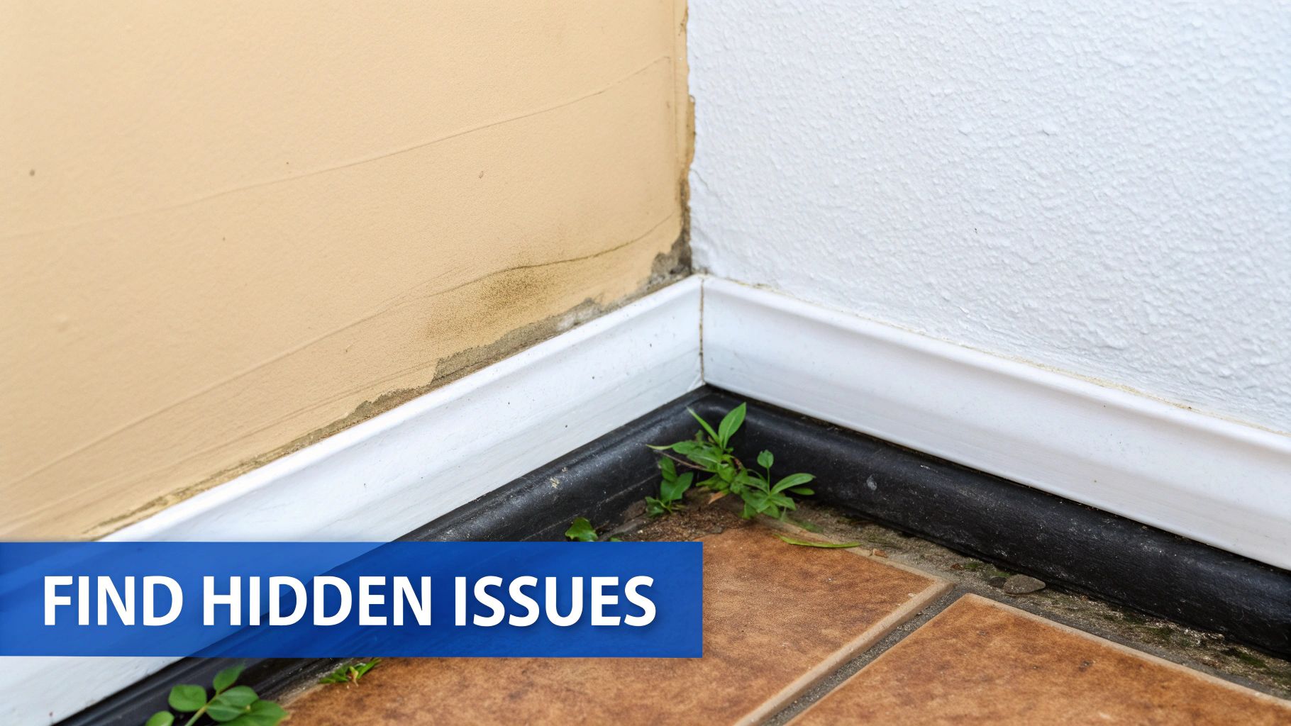 A house corner revealing water damage, peeling paint, mold, and small weeds growing near the baseboard.