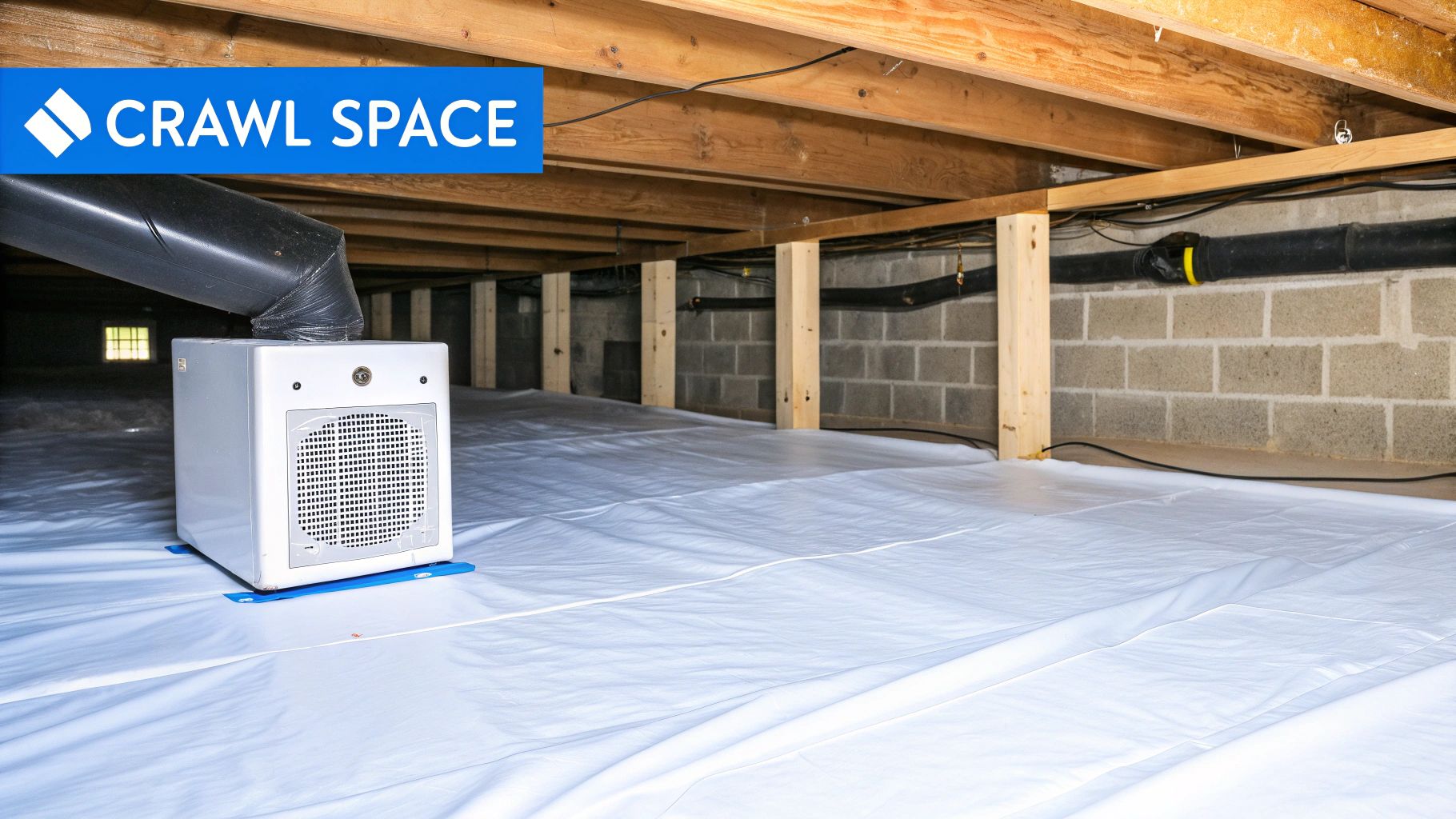 A clean, encapsulated crawl space with a white vapor barrier, dehumidifier, and wooden joists.
