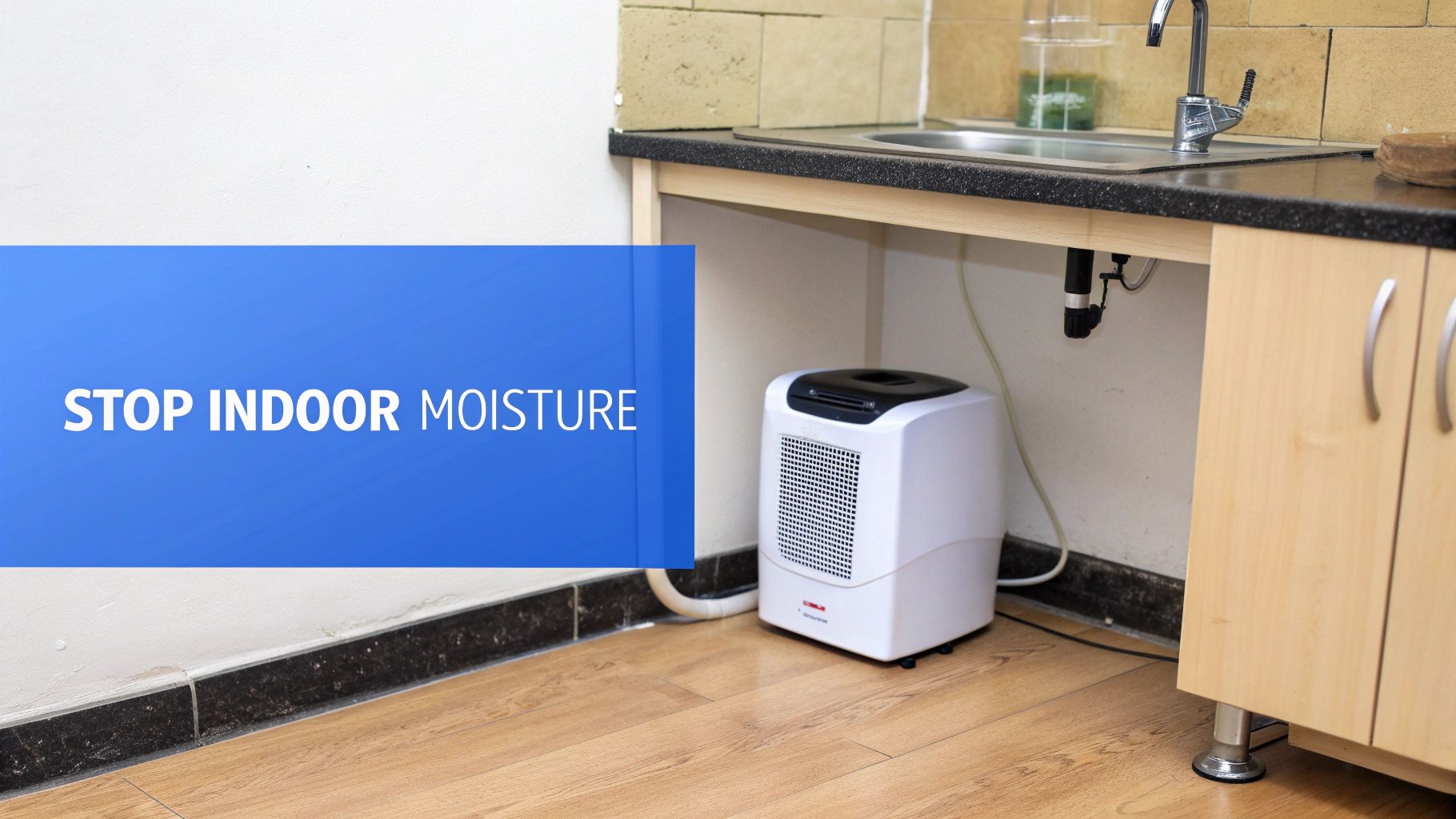 A white portable dehumidifier placed under a kitchen sink with a 'STOP INDOOR MOISTURE' text overlay.