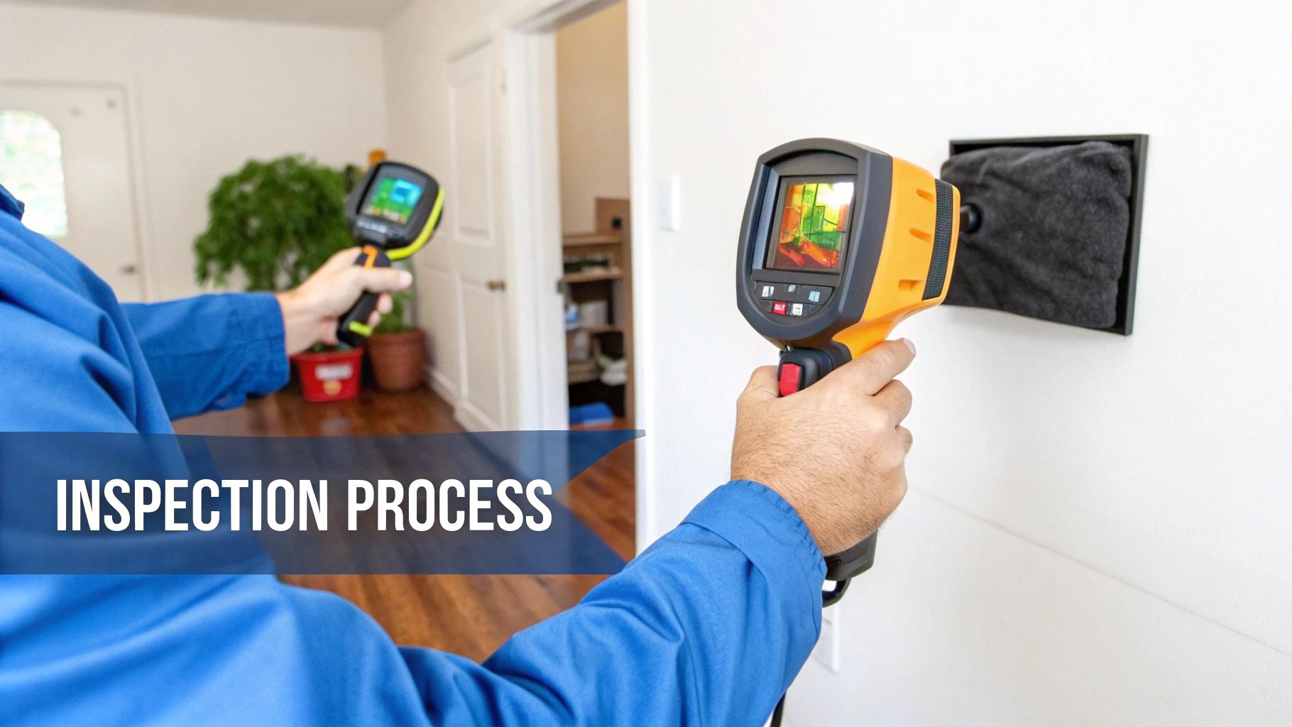 Close-up of an inspector using a thermal imaging camera to examine a wall during a property inspection.