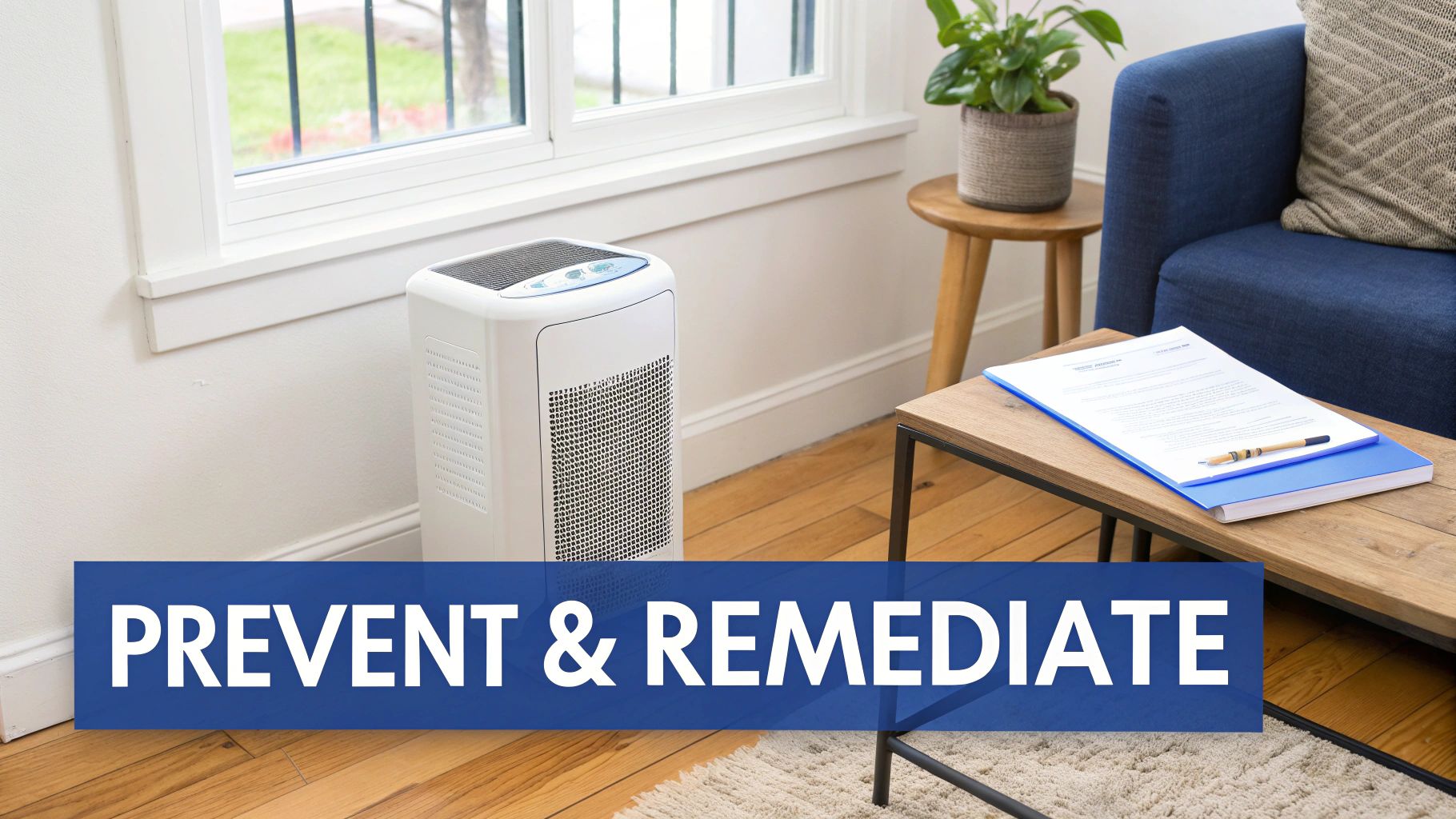 An air purifier in a home setting, with a couch, documents, and text 'PREVENT & REMEDIATE'.