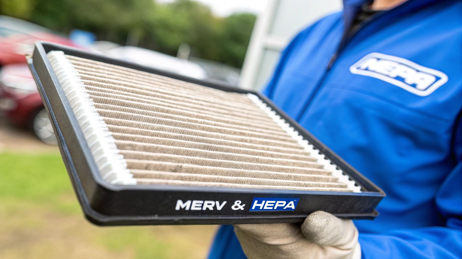 A person in a blue jacket and gloves holds up a dirty MERV & HEPA air filter.