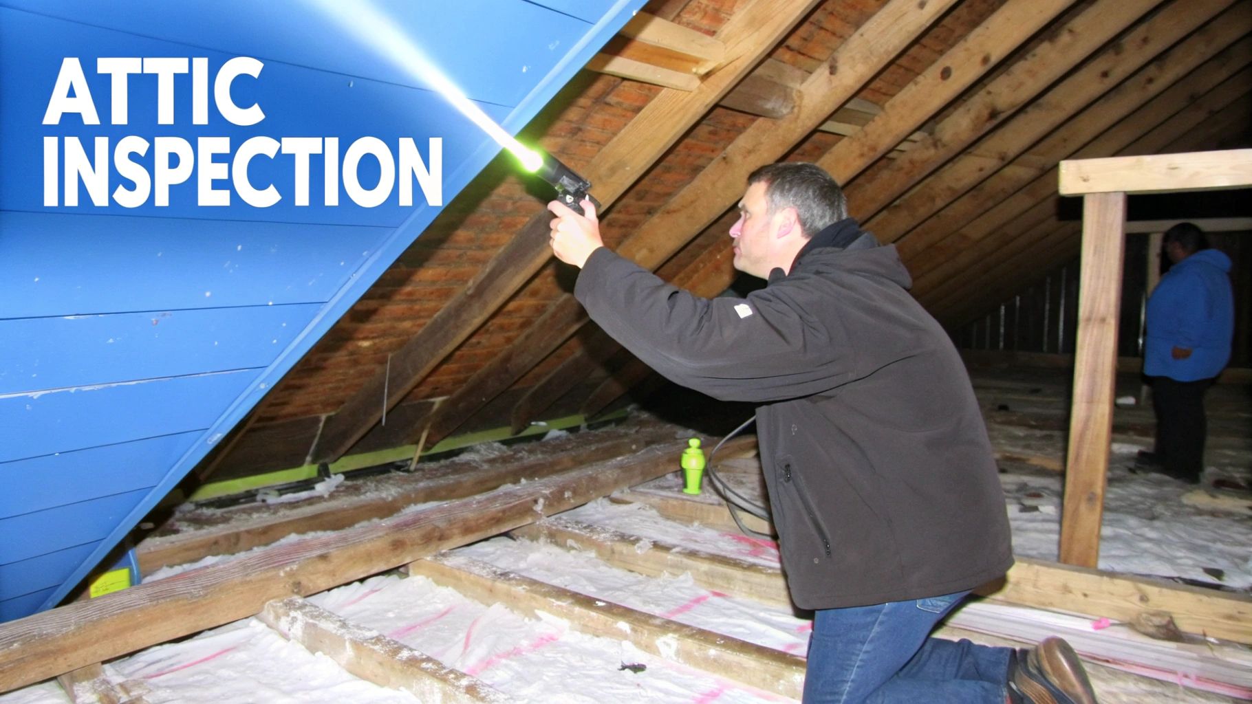 An inspector examines an attic space with a flashlight, checking insulation and structural elements.