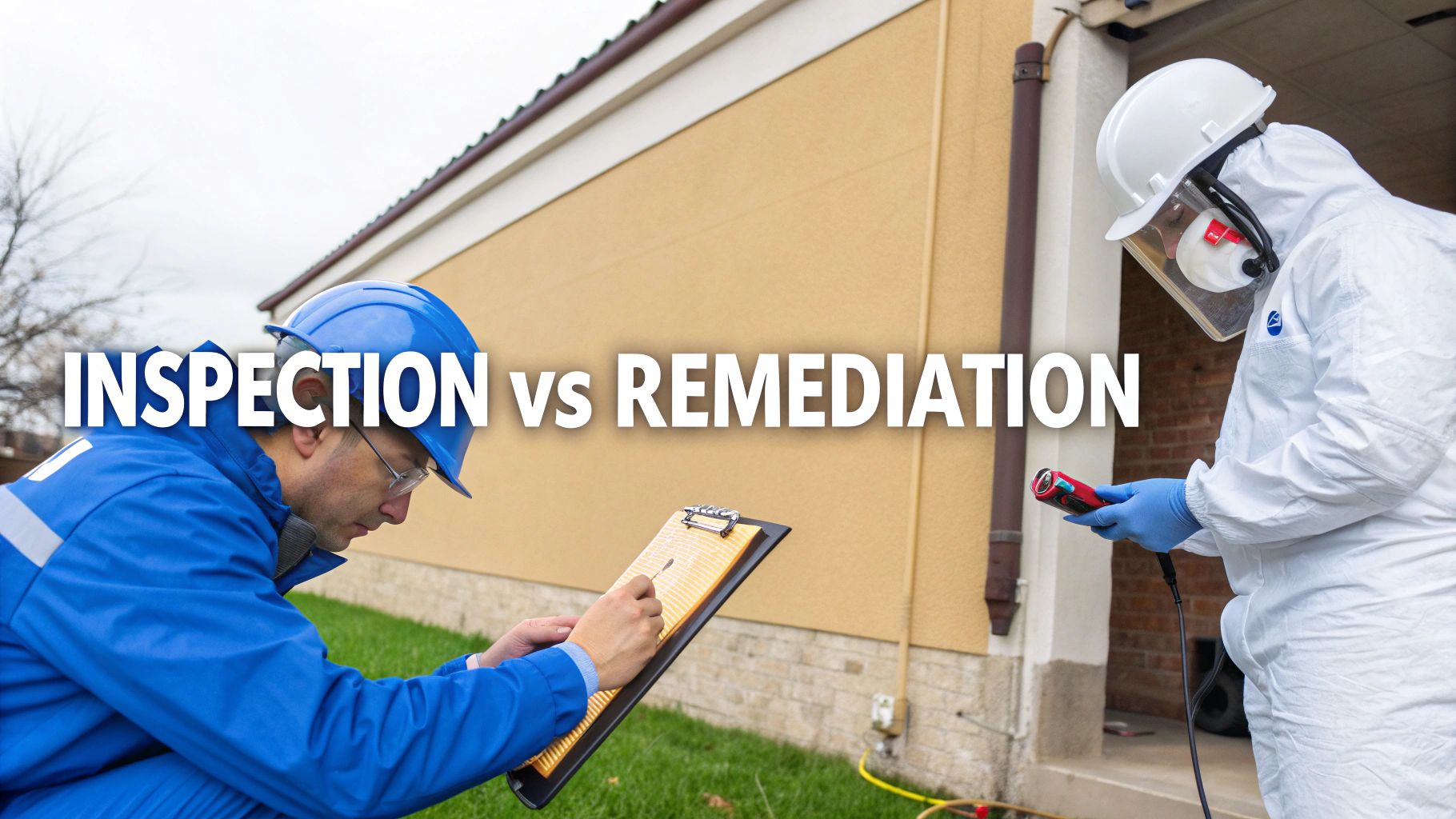 Two professionals, one inspecting a clipboard, another in a hazmat suit, examining a building exterior.