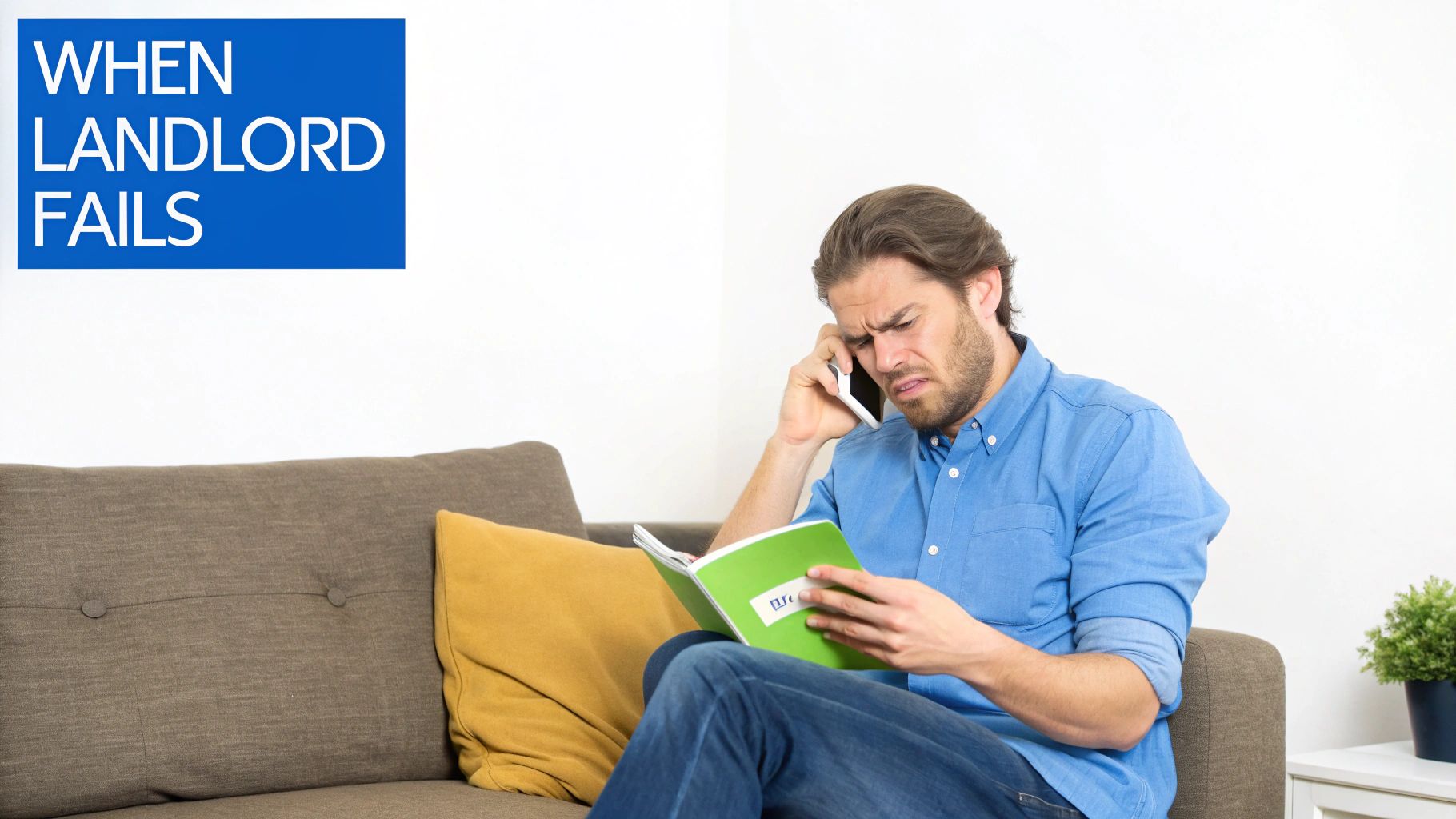 A frustrated man on a couch, talking on the phone and reading, with text "WHEN LANDLORD FAILS".