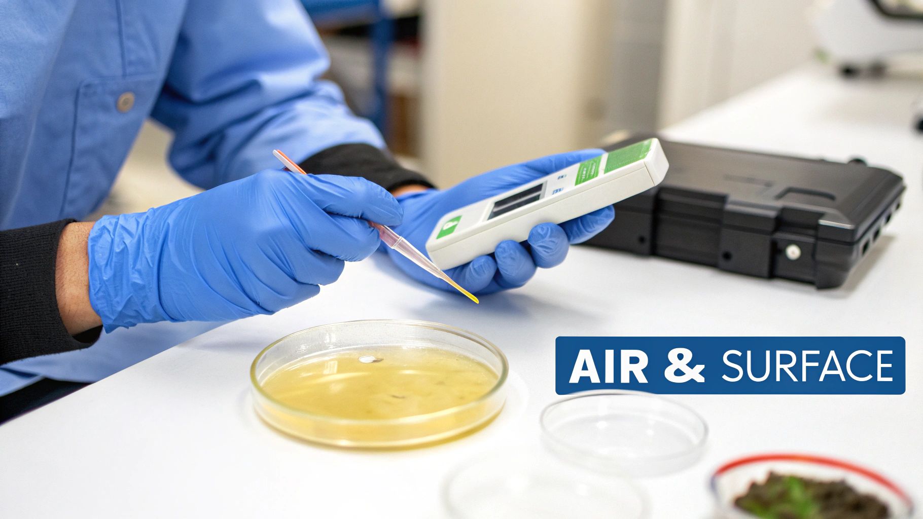An inspector carefully collecting a surface sample from a wall during an indoor air quality inspection.