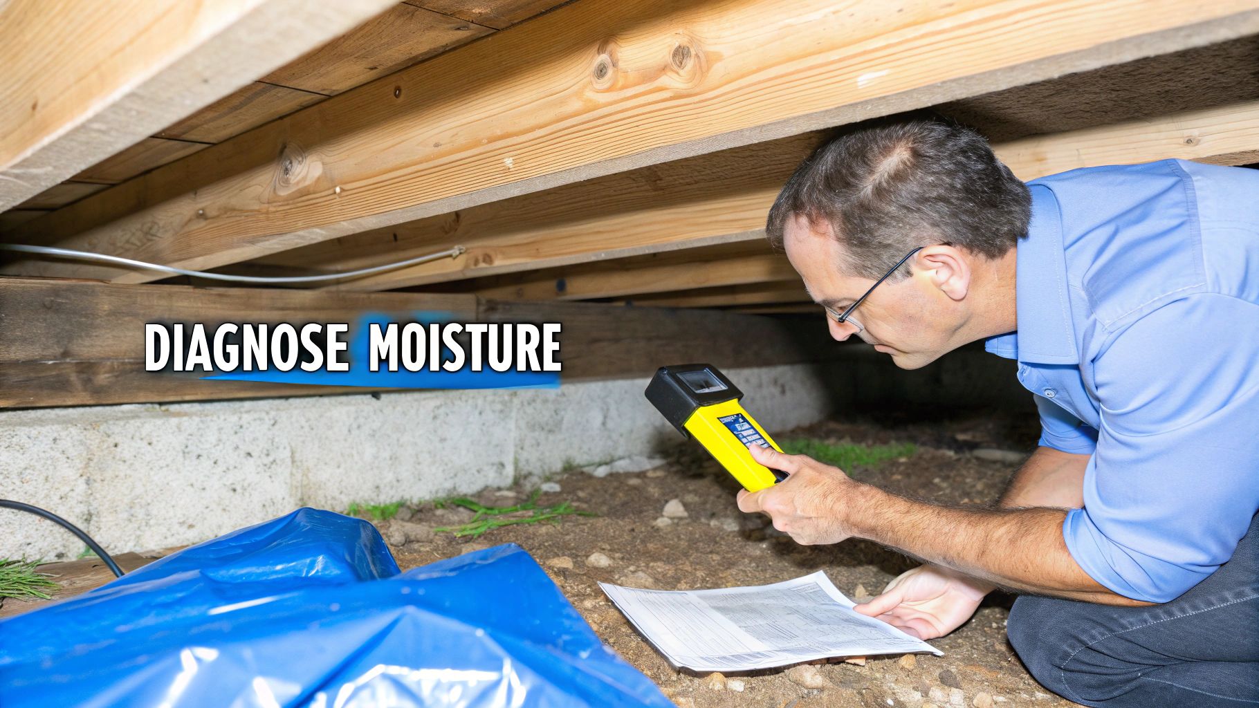 A man inspects a residential crawl space for moisture using a handheld meter and documents.